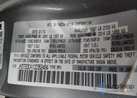 2012 Mazda Cx-9 Touring из США, поврежденный, VIN JM3TB3CA1C0352464